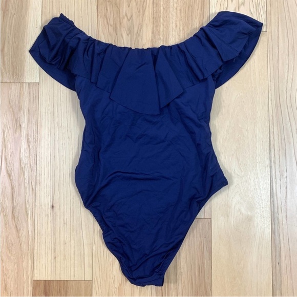Trina Turk Off The Shoulder Ruffle One Piece Swimsuit Navy Blue 12 - Picture 4 of 8